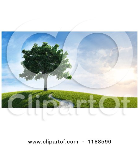 Clipart of a 3d Lush Tree on a Hill with a Path and Sunshine - Royalty Free CGI Illustration by Mopic