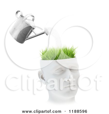 Clipart of a 3d Watering Can Pouring over Grass on a Head, on White - Royalty Free CGI Illustration by Mopic