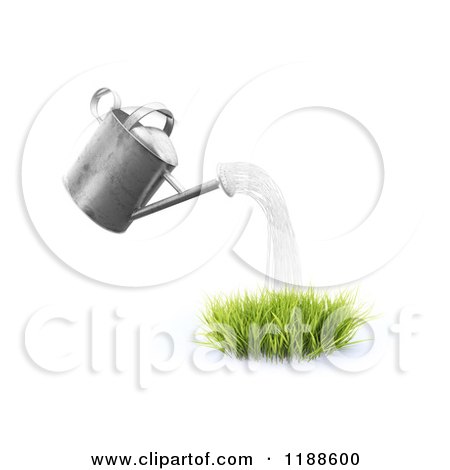Clipart of a 3d Watering Can Pouring over a Patch of Grass, on White - Royalty Free CGI Illustration by Mopic