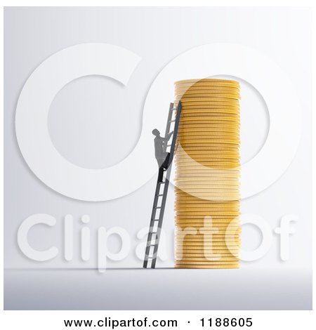 Clipart of a 3d Man Climbing a Ladder Against a Stack of Gold Coins, on Gray - Royalty Free CGI Illustration by Mopic