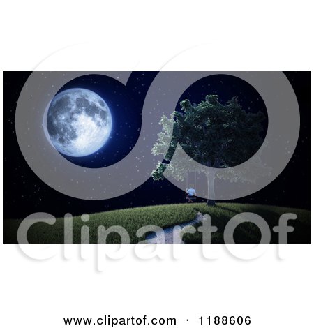 Clipart of a 3d Lone Boy Swinging from a Tree on a Hill at Night, with a Full Moon - Royalty Free CGI Illustration by Mopic