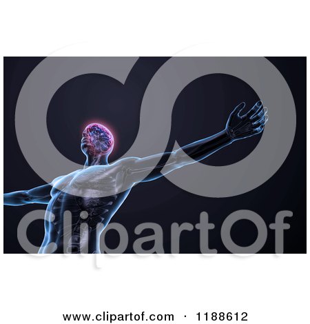 Clipart of a 3d Man with a Glowing Brain and Visible Central Nervous System - Royalty Free CGI Illustration by Mopic