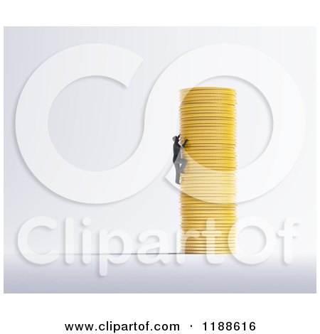 Clipart of a 3d Man Climbing a Stack of Gold Coins, on Gray - Royalty Free CGI Illustration by Mopic