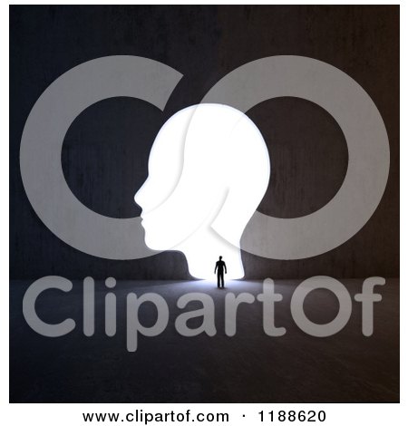 Clipart of a 3d Man Approaching a Bright Head Opening - Royalty Free CGI Illustration by Mopic
