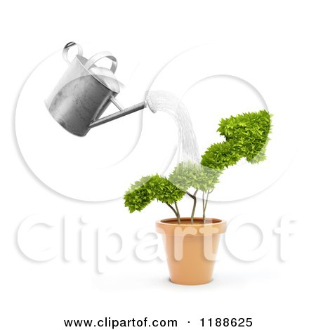Clipart of a 3d Watering Can Pouring over an Arrow Bush - Royalty Free CGI Illustration by Mopic