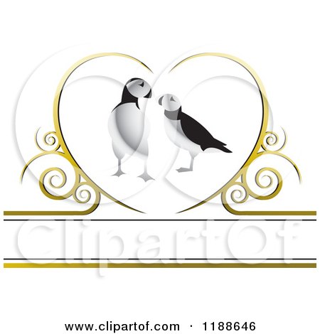 Clipart of a Puffin Pair over a Gold Heart with Swirls - Royalty Free Vector Illustration by Lal Perera