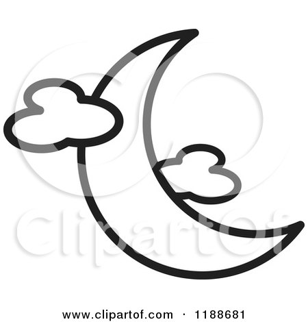 Clipart of a Black and White Crescent Moon and Clouds Icon - Royalty Free Vector Illustration by Lal Perera