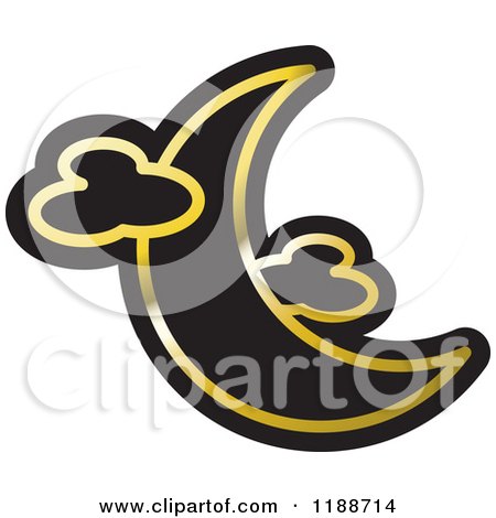 Clipart of a Black and Gold Crescent Moon and Clouds Icon - Royalty Free Vector Illustration by Lal Perera