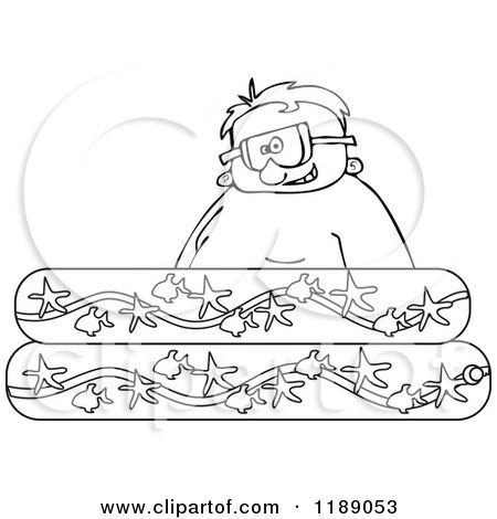 Cartoon of an Outlined Happy Boy Wearing Goggles in a Kiddie Pool - Royalty Free Vector Clipart by djart