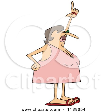 Cartoon of a Woman in a Dress Bathing Suit Pointing up and Shouting - Royalty Free Vector Clipart by djart
