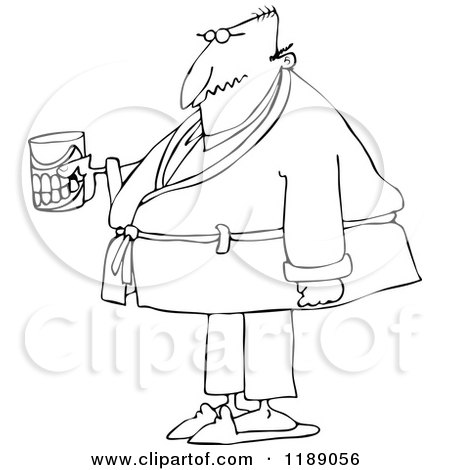 Cartoon of an Outlined Senior Man with a Cane and Teeth in a Glass - Royalty Free Vector Clipart by djart