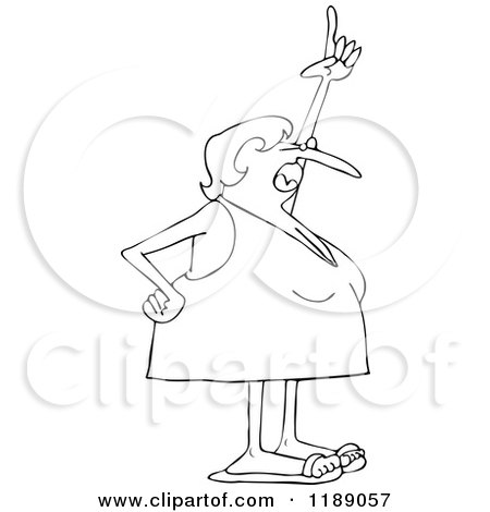 Cartoon of an Outlined Woman in a Dress Bathing Suit Pointing up and Shouting - Royalty Free Vector Clipart by djart