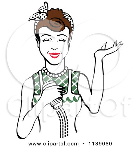 Clipart of a Happy Retro Brunette Woman Shrugging and Using a Salt Shaker 5 - Royalty Free Vector Illustration by Andy Nortnik