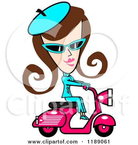 Clipart of a Retro Brunette Woman Dressed in Blue, Riding a Pink Scooter - Royalty Free Vector Illustration by Andy Nortnik