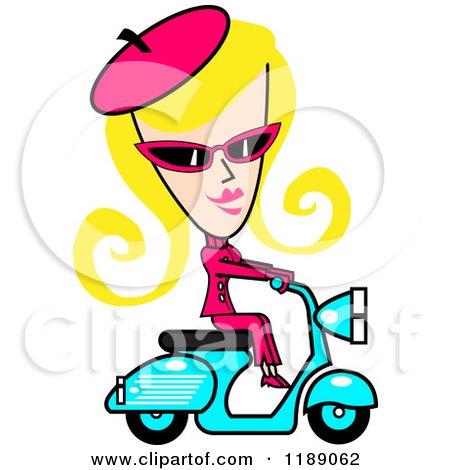 Clipart of a Retro Blond Woman Dressed in Pink, Riding a Blue Scooter - Royalty Free Vector Illustration by Andy Nortnik