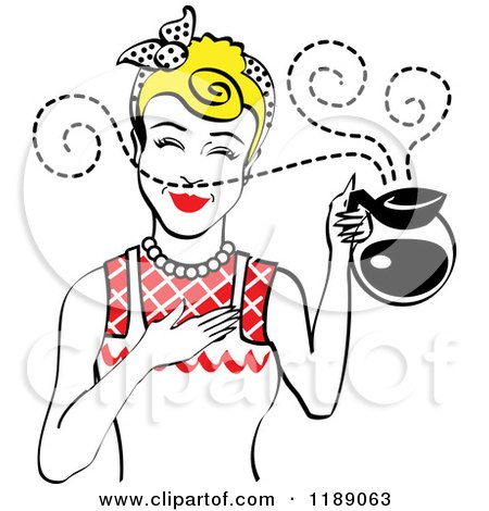 Clipart of a Blond Haired Waitress or Housewife Smelling the Aroma of Fresh Hot Coffee in a Pot - Royalty Free Vector Illustration by Andy Nortnik