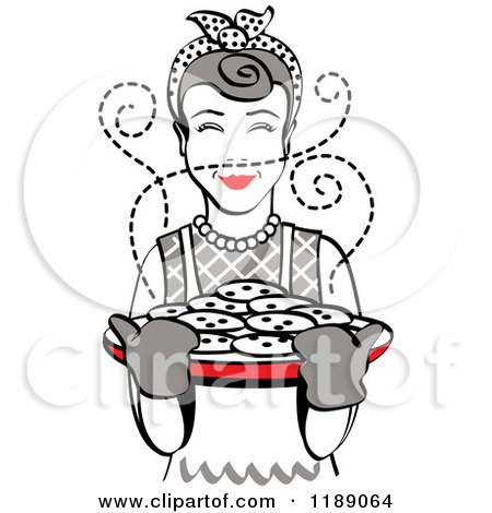 Clipart of a Retro Happy Gray Haired Housewife Holding Freshly Baked Cookies - Royalty Free Vector Illustration by Andy Nortnik