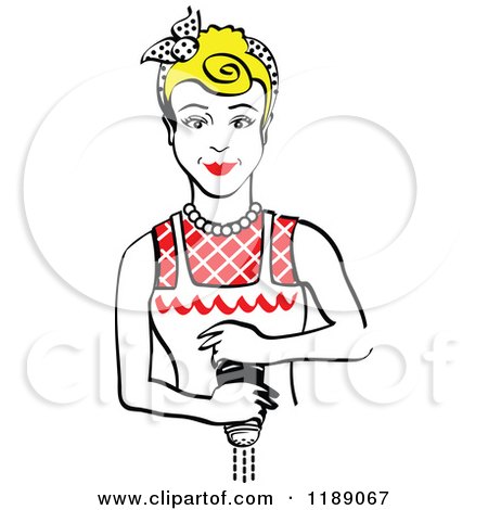 Clipart of a Retro Blond Housewife or Maid Woman Grinding Fresh Pepper - Royalty Free Vector Illustration by Andy Nortnik
