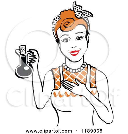 Clipart of a Happy Retro Redhead Woman in an Apron, Holding up a Bottle of Cooking Oil - Royalty Free Vector Illustration by Andy Nortnik
