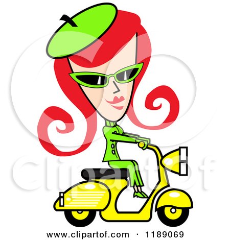Clipart of a Retro Red Haired Woman Dressed in Green, Riding a Yellow Scooter - Royalty Free Vector Illustration by Andy Nortnik