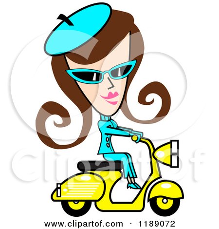 Clipart of a Retro Brunette Woman Dressed in Blue, Riding a Yellow Scooter - Royalty Free Vector Illustration by Andy Nortnik
