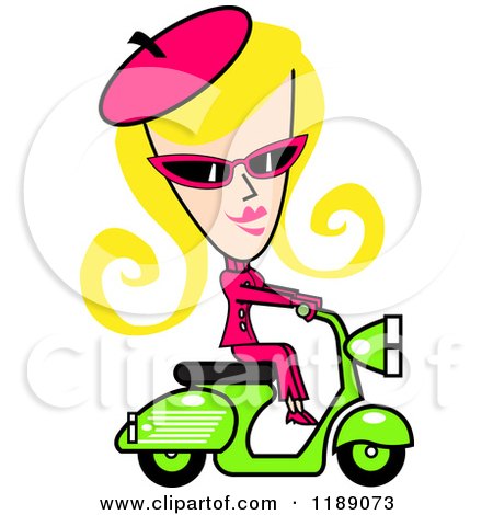 Clipart of a Retro Blond Woman Dressed in Pink, Riding a Green Scooter - Royalty Free Vector Illustration by Andy Nortnik