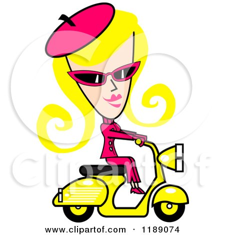 Clipart of a Retro Blond Woman Dressed in Pink, Riding a Yellow Scooter - Royalty Free Vector Illustration by Andy Nortnik