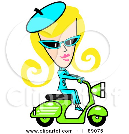 Clipart of a Retro Blond Woman Dressed in Blue, Riding a Green Scooter - Royalty Free Vector Illustration by Andy Nortnik