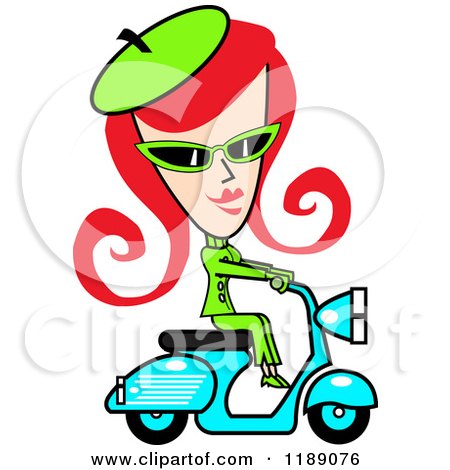 Clipart of a Retro Red Haired Woman Dressed in Green, Riding a Blue Scooter - Royalty Free Vector Illustration by Andy Nortnik