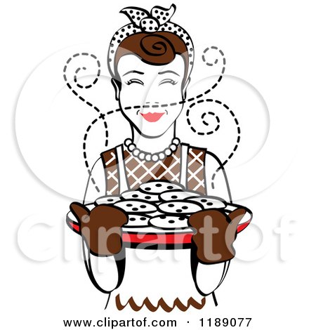Clipart of a Retro Happy Brunette Housewife Holding Freshly Baked Cookies 2 - Royalty Free Vector Illustration by Andy Nortnik