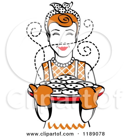 Clipart of a Retro Happy Redhead Housewife Holding Freshly Baked Cookies - Royalty Free Vector Illustration by Andy Nortnik