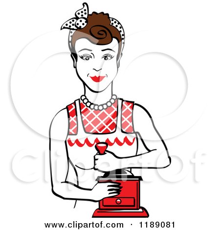 Clipart of a Retro Happy Brunette Housewife Using a Manual Coffee Grinder 2 - Royalty Free Vector Illustration by Andy Nortnik