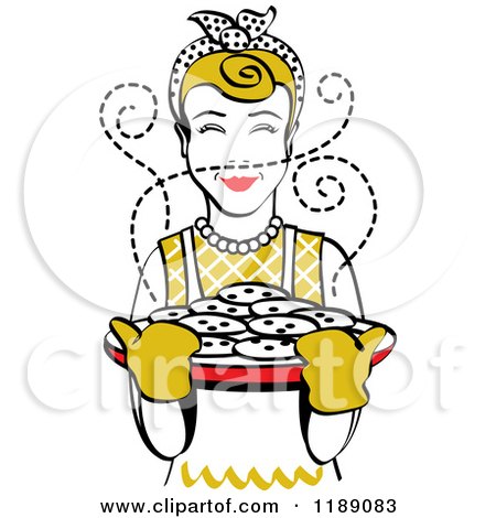 Clipart of a Retro Happy Dirty Blond Housewife Holding Freshly Baked Cookies - Royalty Free Vector Illustration by Andy Nortnik