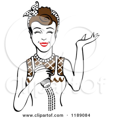 Clipart of a Happy Retro Brunette Woman Shrugging and Using a Salt Shaker - Royalty Free Vector Illustration by Andy Nortnik