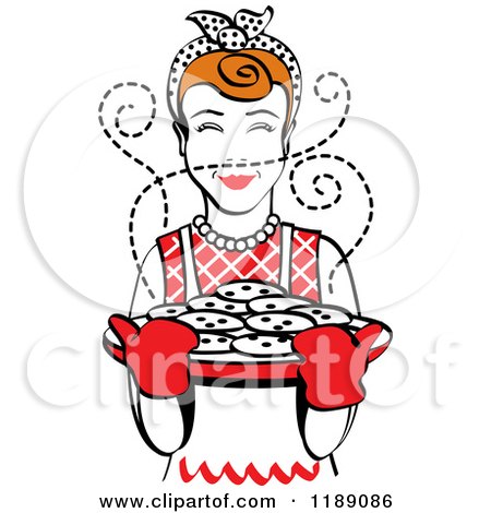 Clipart of a Retro Happy Redhead Housewife Holding Freshly Baked Cookies 2 - Royalty Free Vector Illustration by Andy Nortnik