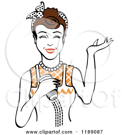 Clipart of a Happy Retro Brunette Woman Shrugging and Using a Salt Shaker 4 - Royalty Free Vector Illustration by Andy Nortnik