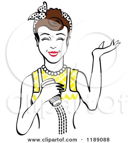 Clipart of a Happy Retro Brunette Woman Shrugging and Using a Salt Shaker 2 - Royalty Free Vector Illustration by Andy Nortnik