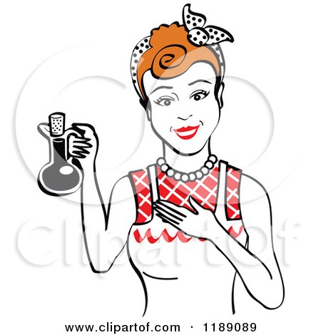 Clipart of a Happy Retro Redhead Woman in an Apron, Holding up a Bottle of Cooking Oil 2 - Royalty Free Vector Illustration by Andy Nortnik
