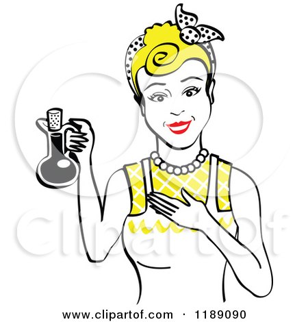 Clipart of a Happy Retro Blond Woman in an Apron, Holding up a Bottle of Cooking Oil - Royalty Free Vector Illustration by Andy Nortnik