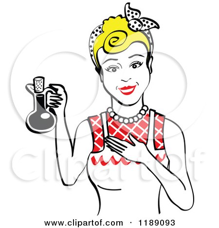 Clipart of a Happy Retro Blond Woman in an Apron, Holding up a Bottle of Cooking Oil 2 - Royalty Free Vector Illustration by Andy Nortnik