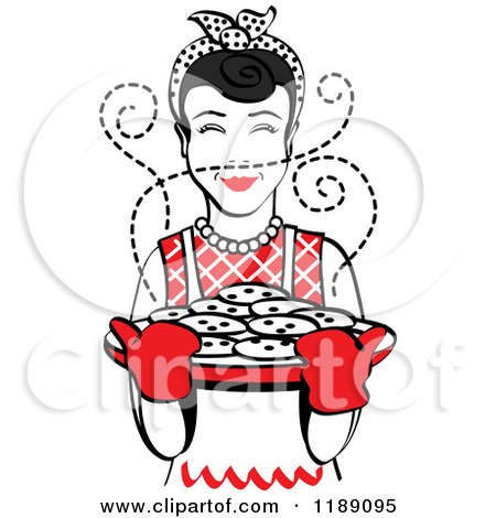 Clipart of a Retro Happy Black Haired Housewife Holding Freshly Baked Cookies 2 - Royalty Free Vector Illustration by Andy Nortnik