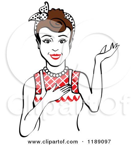 Clipart of a Retro Happy Brunette Housewife, Waitress or Maid Woman Wearing an Apron and Presenting 2 - Royalty Free Vector Illustration by Andy Nortnik