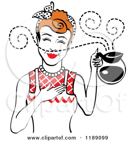 Clipart of a Redhead Waitress or Housewife Smelling the Aroma of Fresh Hot Coffee in a Pot 2 - Royalty Free Vector Illustration by Andy Nortnik