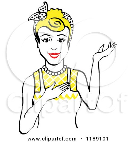 Clipart of a Retro Happy Blond Housewife, Waitress or Maid Woman Wearing an Apron and Presenting 2 - Royalty Free Vector Illustration by Andy Nortnik