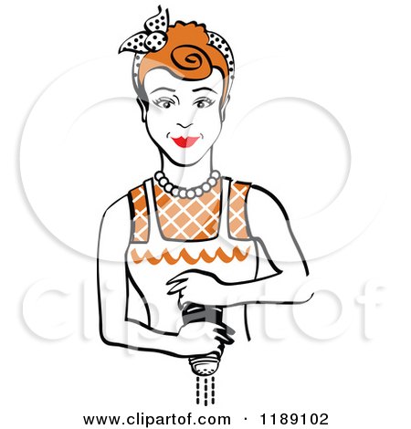 Clipart of a Retro Redhead Housewife or Maid Woman Grinding Fresh Pepper - Royalty Free Vector Illustration by Andy Nortnik