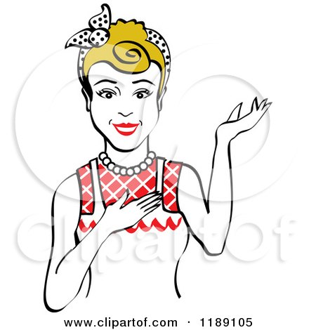 Clipart of a Retro Happy Dirty Blond Housewife, Waitress or Maid Woman Wearing an Apron and Presenting 2 - Royalty Free Vector Illustration by Andy Nortnik