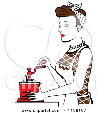Clipart of a Retro Happy Brunette Housewife Using a Manual Coffee Grinder in Profile - Royalty Free Vector Illustration by Andy Nortnik