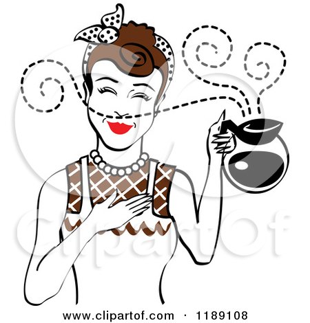 Clipart of a Brunette Waitress or Housewife Smelling the Aroma of Fresh Hot Coffee in a Pot - Royalty Free Vector Illustration by Andy Nortnik