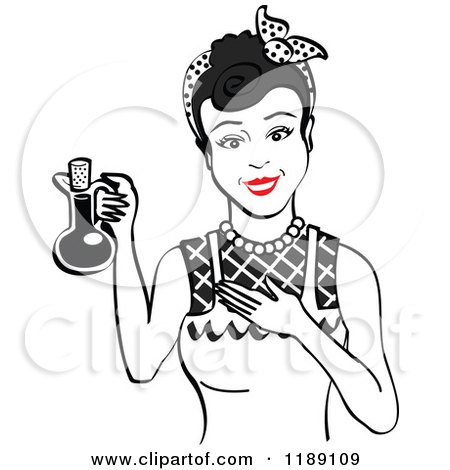 Clipart of a Happy Retro Black Haired Woman in an Apron, Holding up a Bottle of Cooking Oil - Royalty Free Vector Illustration by Andy Nortnik