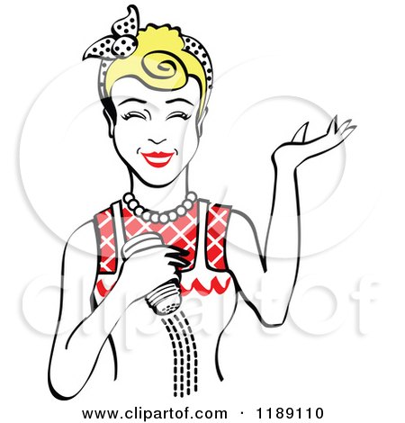 Clipart of a Happy Retro Blond Woman Shrugging and Using a Salt Shaker 2 - Royalty Free Vector Illustration by Andy Nortnik